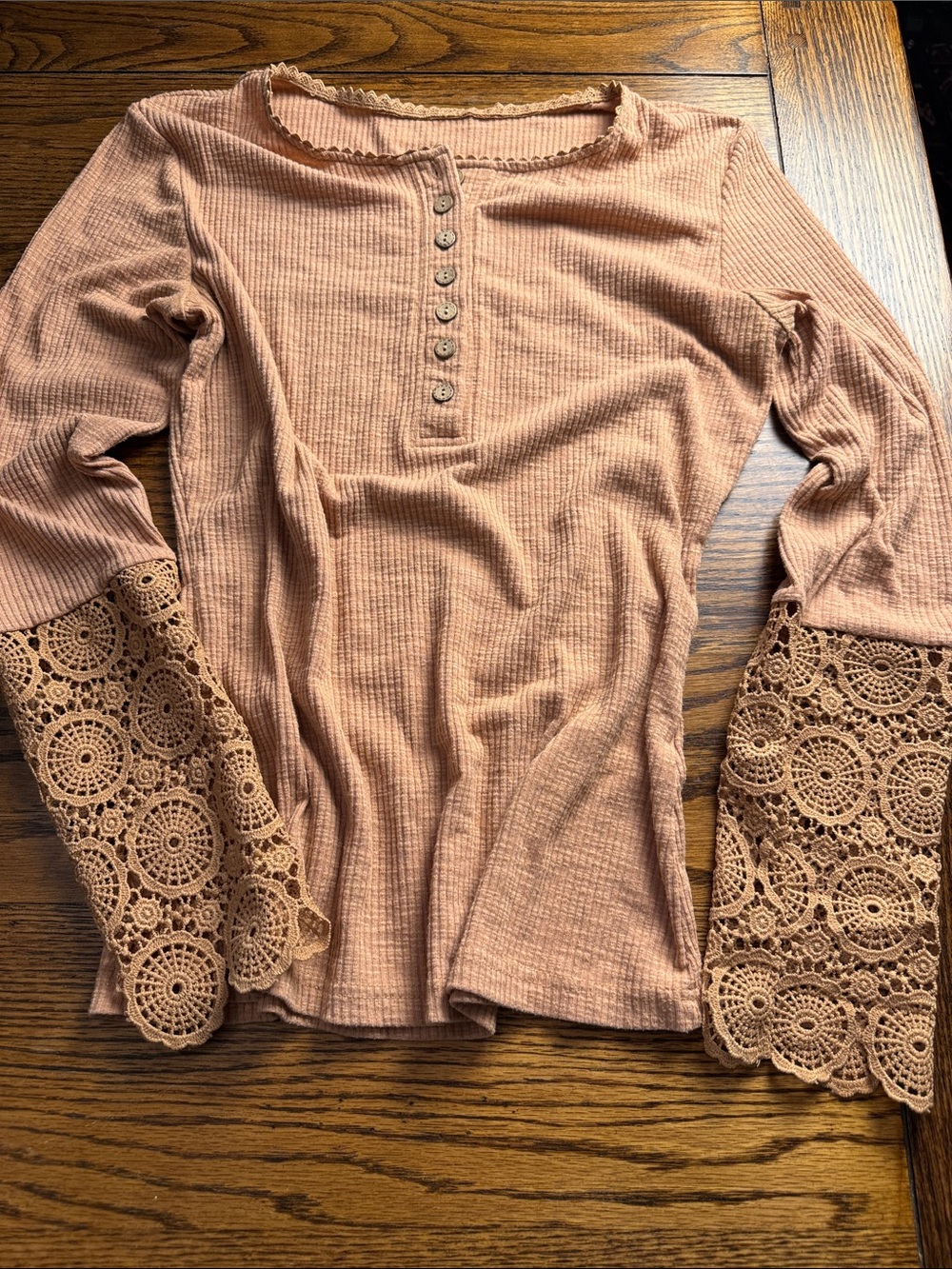 Boho Crochet Bell Sleeve thermal Henley Top Ribbed Dusty Rose M/S